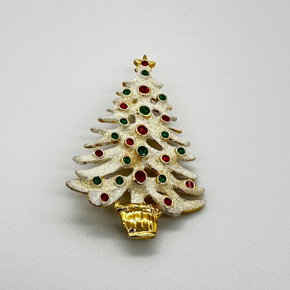 Eisenberg Ice Jewelry - Eisenberg Ice Christmas Tree Brooch White Enamel Rhinestone Gold Tone Small